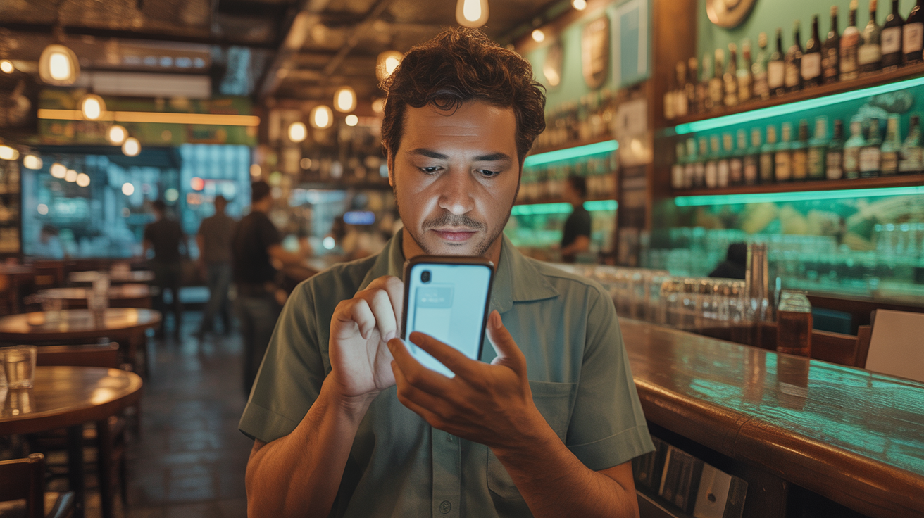 Garçom usando BarControl no celular para atender mesas